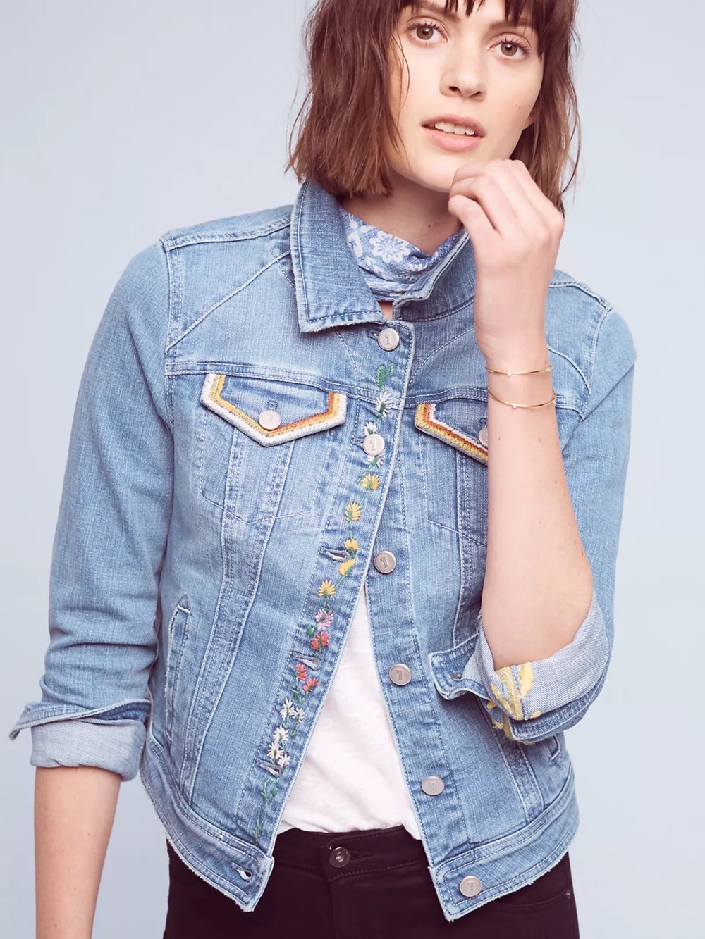 Pilcro Anthropologie Embroidered Floral Denim Jacket Size Small - Picture 6 of 15